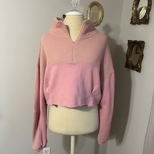 POL Pink French Terry Cropped Knit Sweater